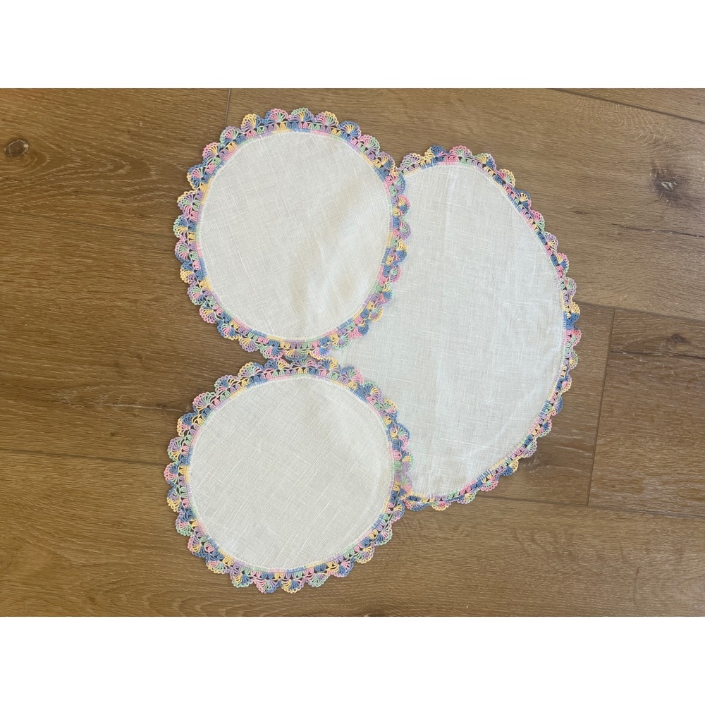Vintage Linen Doilies Set of 3 Pastel Rainbow Crochet Lace Trim Scalloped Edge